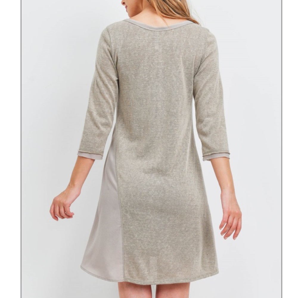 Taupe 3/4 sleeve round neck asymmetric hem two-tone shift dress. CUTE! - Picture 3 of 10